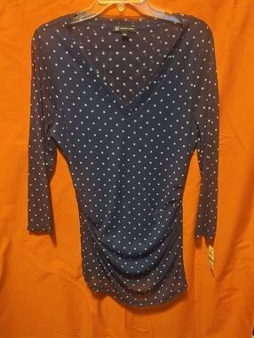 INC International Concepts Navy Blue Polka Dot Long Sleeve V-Neck Top